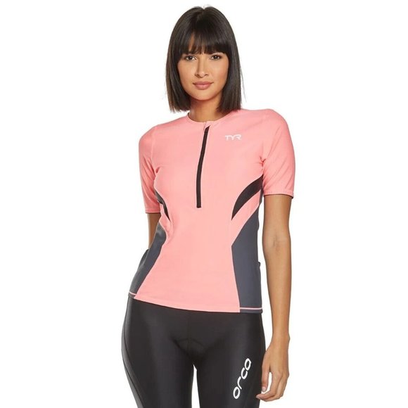 TYR Womens Competitor Short Sleeve Top Triathlon Compression UPF 50+ Pink S - Picture 1 of 8